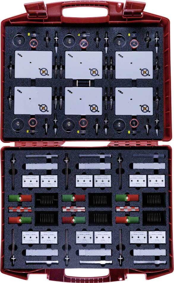 A red carrying case opened to show organized compartments containing a variety of tools and accessories, including clamps, screws, and plates.