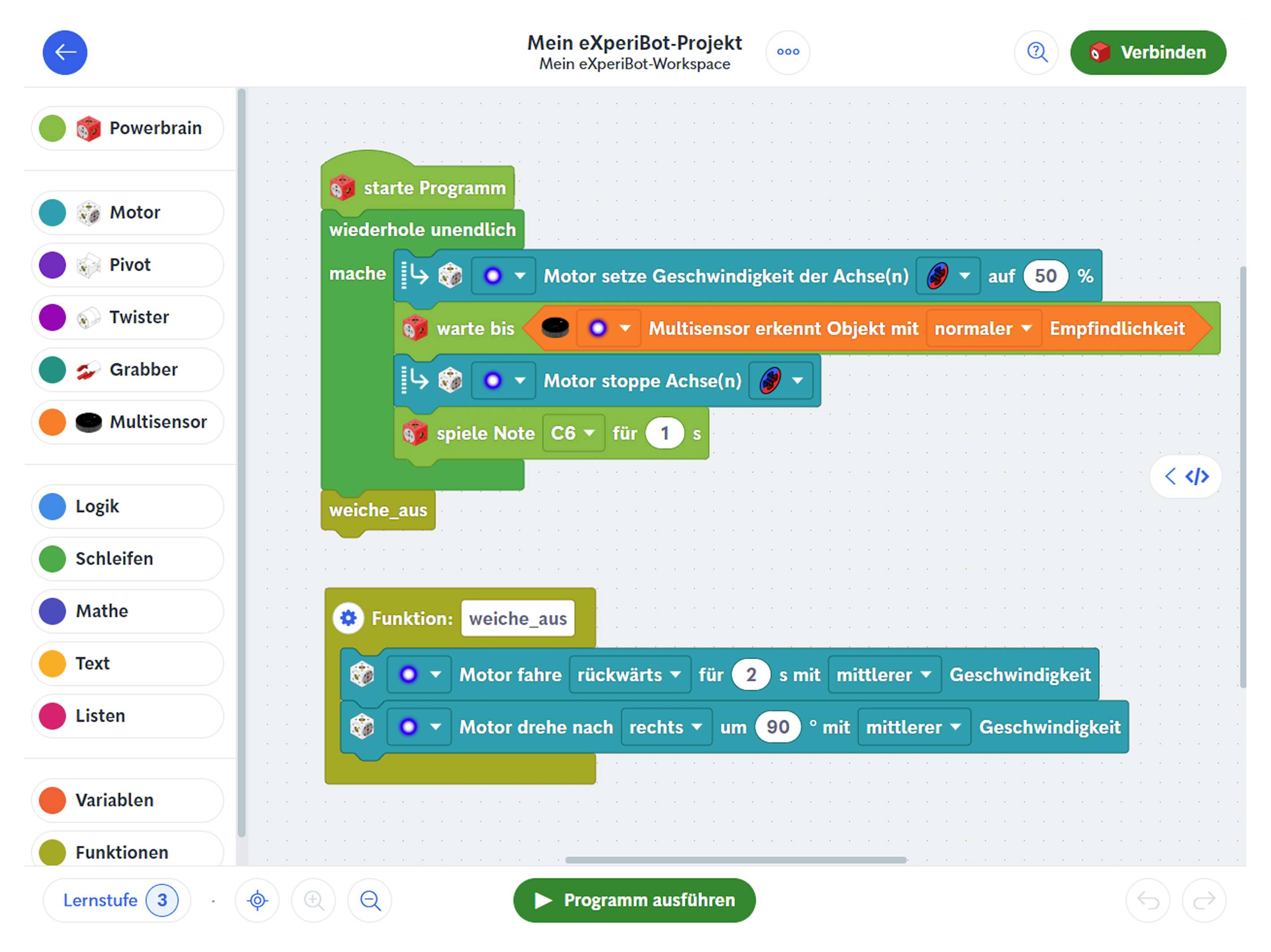 A programming interface for a robot project shows a flowchart with blocks for motor control, loops, and functions, featuring code components.
