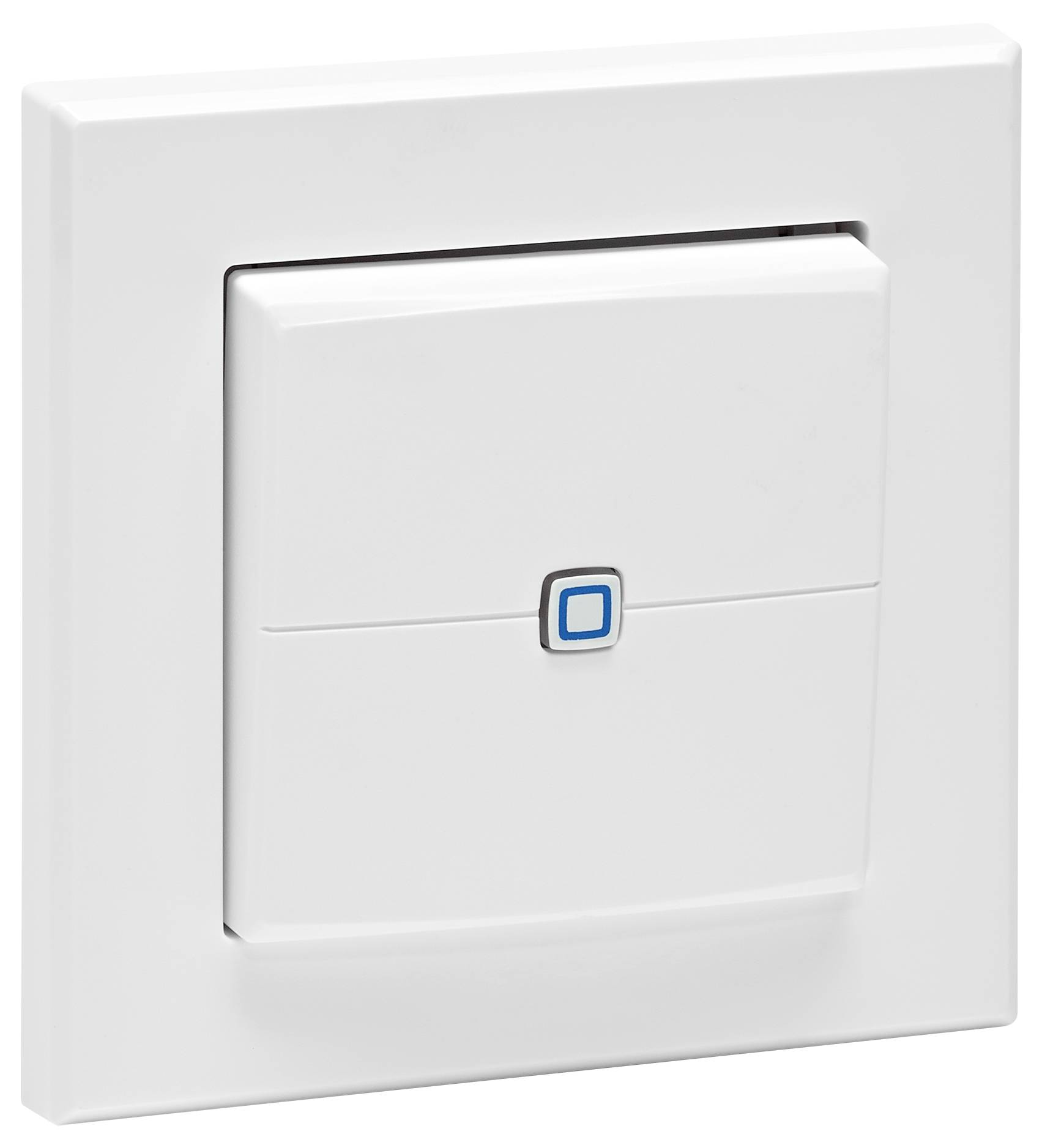 A white wall-mounted light switch with a small blue indicator at the center.