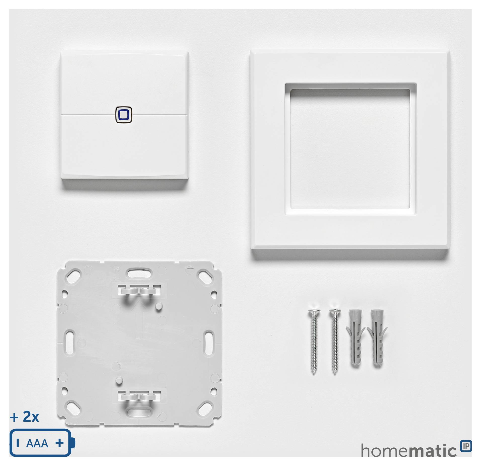 'Wall switch' installation kit includes cover, switch module, frame, screws, and wall anchors, with branding 'homematic' in the corner.