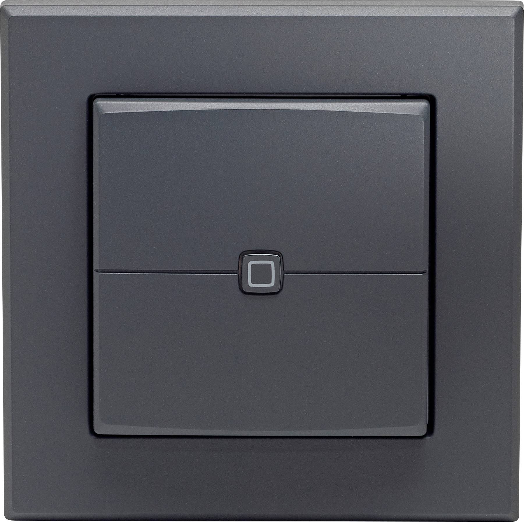 A black wall-mounted light switch with a modern square design and a small square button in the center.