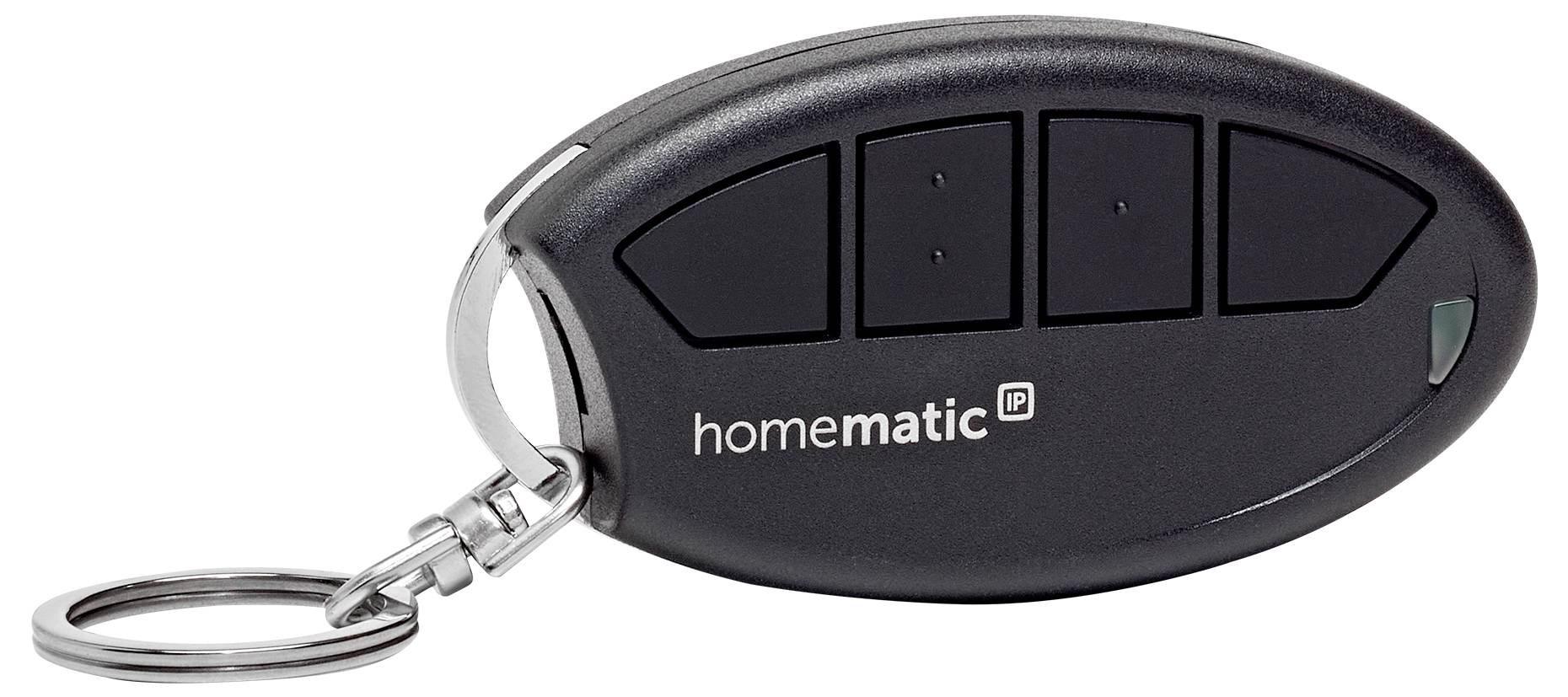 A black Homematic IP remote control with four buttons, a small ring, and a keychain attached.