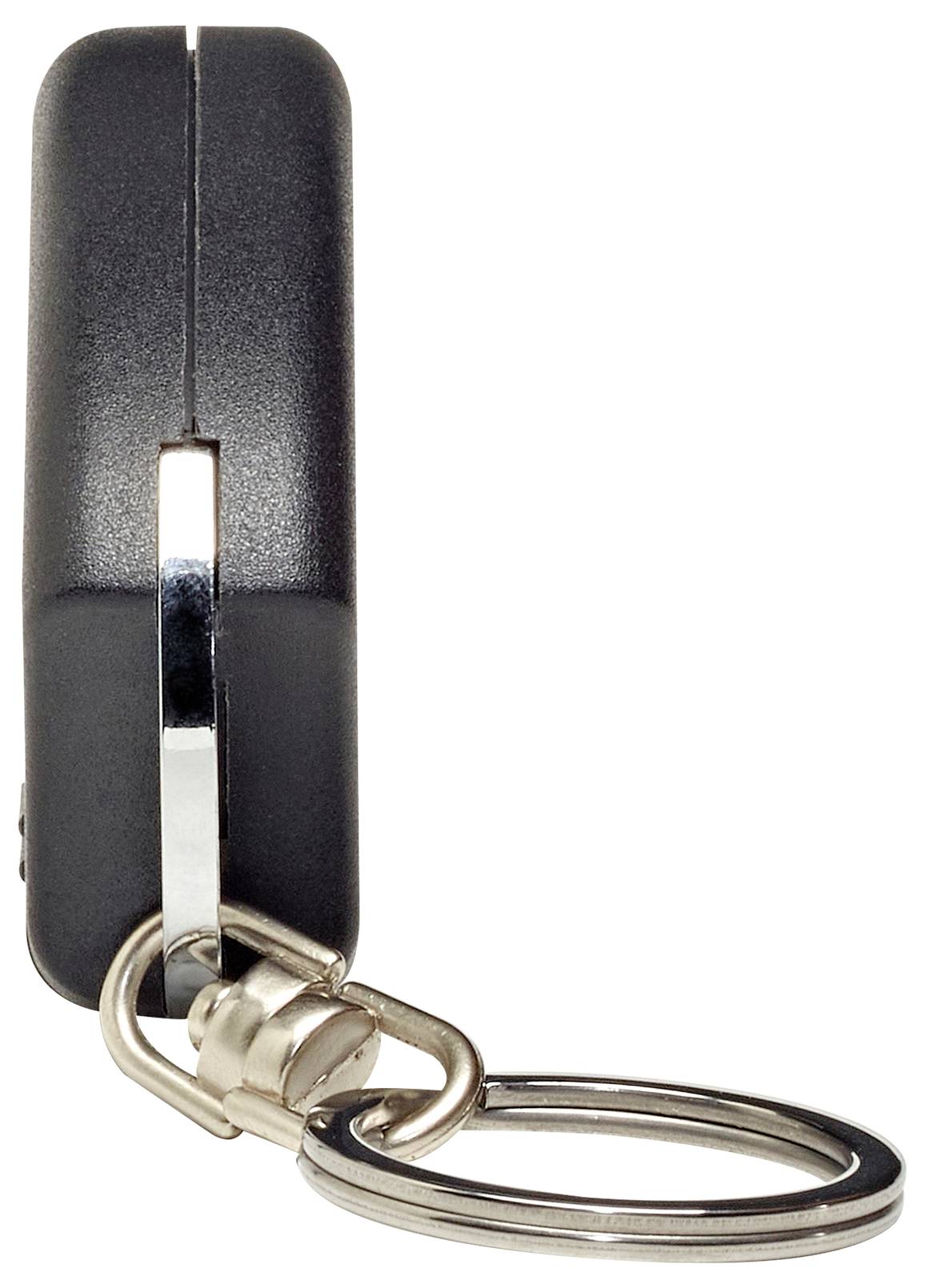 A black key fob seen from the side, attached to a silver keyring.