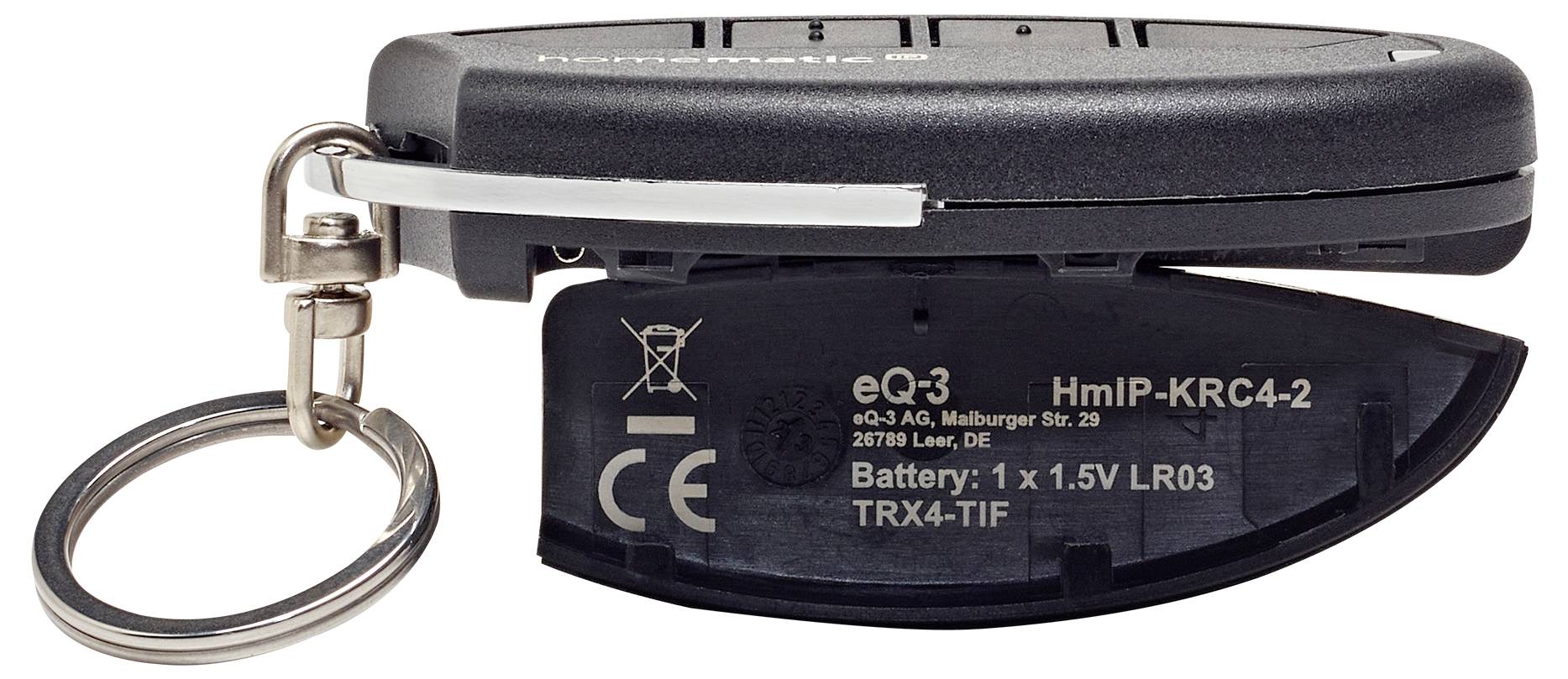 A remote control device with a keyring attached, showing its open battery compartment with label details 'eQ-3' and 'CE' markings.