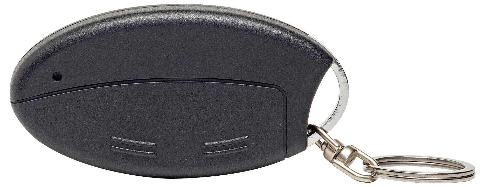 A black oval-shaped remote control key fob with a metal keyring attached, often used for car or garage door access.