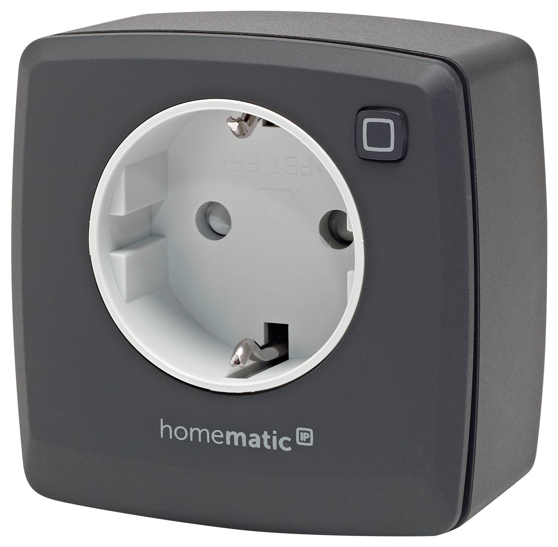 Plug adapter with square button and the label 'homematic IP' on its casing.