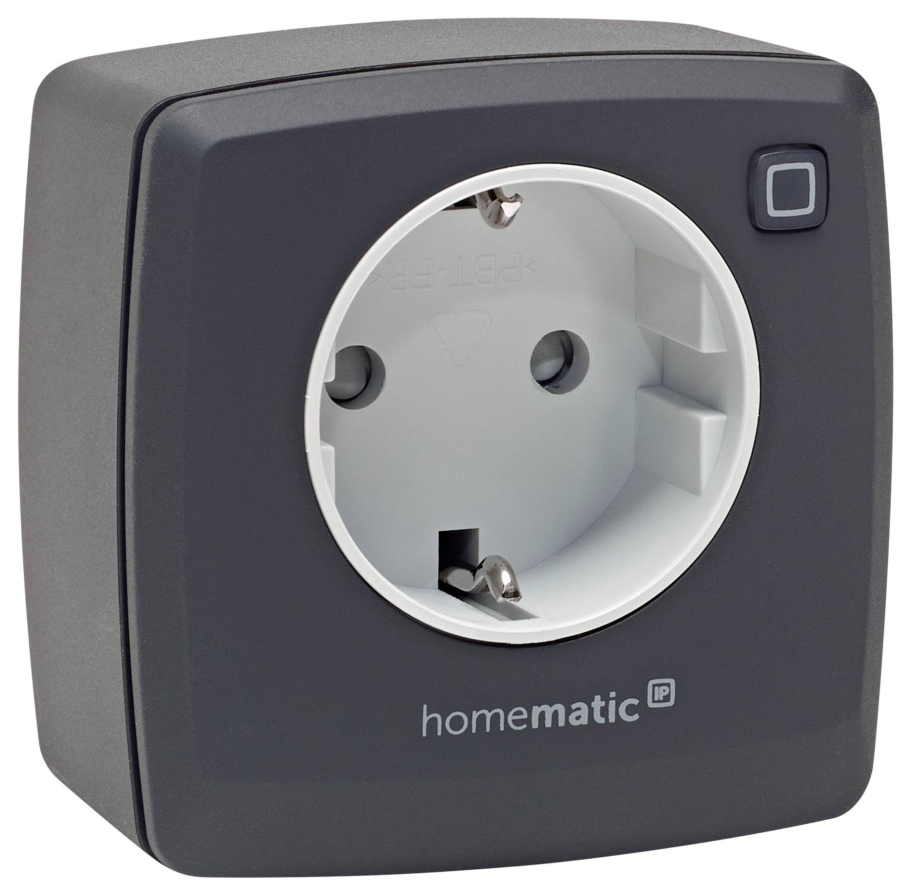 The image shows a 'homematic IP' smart plug outlet with a square design and one button, used for home automation to control power use.