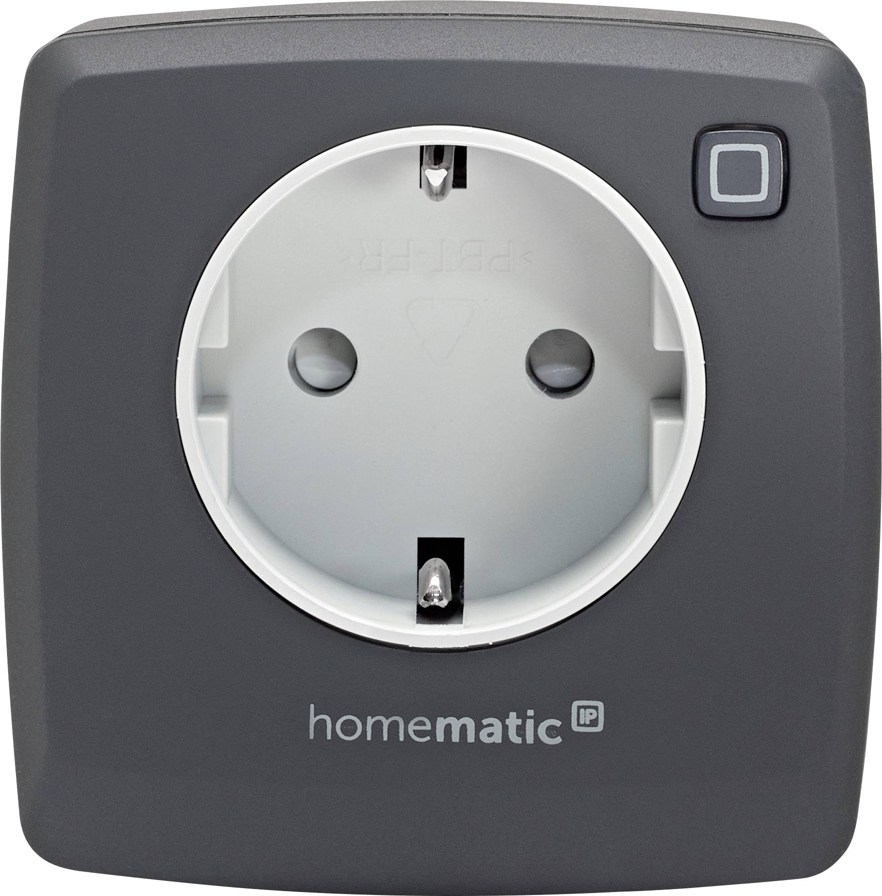 A black smart plug with 'homematic IP' logo, featuring a power socket and a square button on the top right for connectivity.