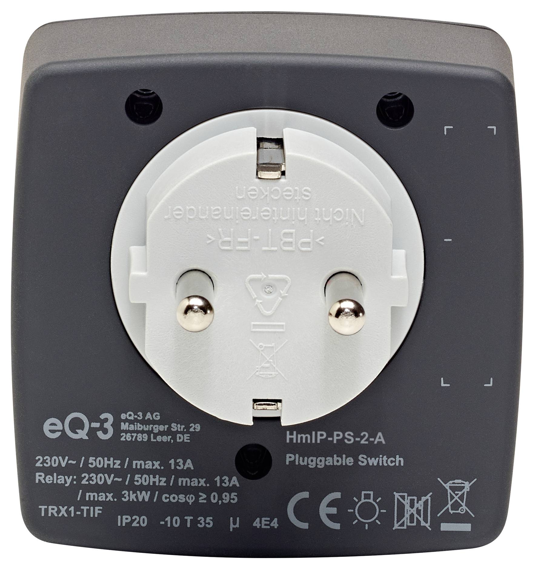 'Pluggable switch HmIP-PS-2-A', featuring eQ-3 AG branding, supports 230V/50Hz, max 13A. Includes technical info and certification marks.