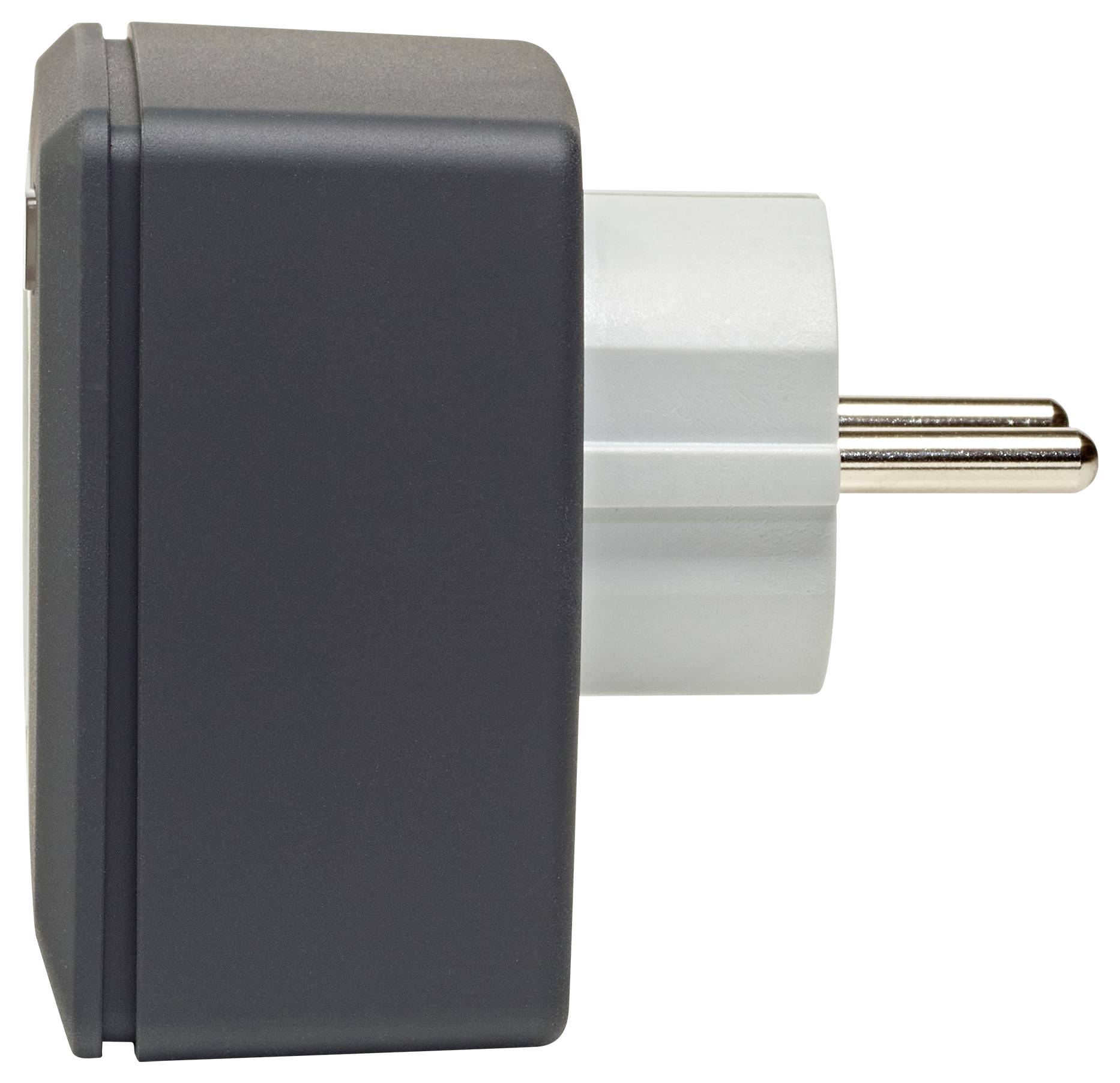 A side view of a black and gray electrical plug adapter with two metal prongs suitable for a European socket.