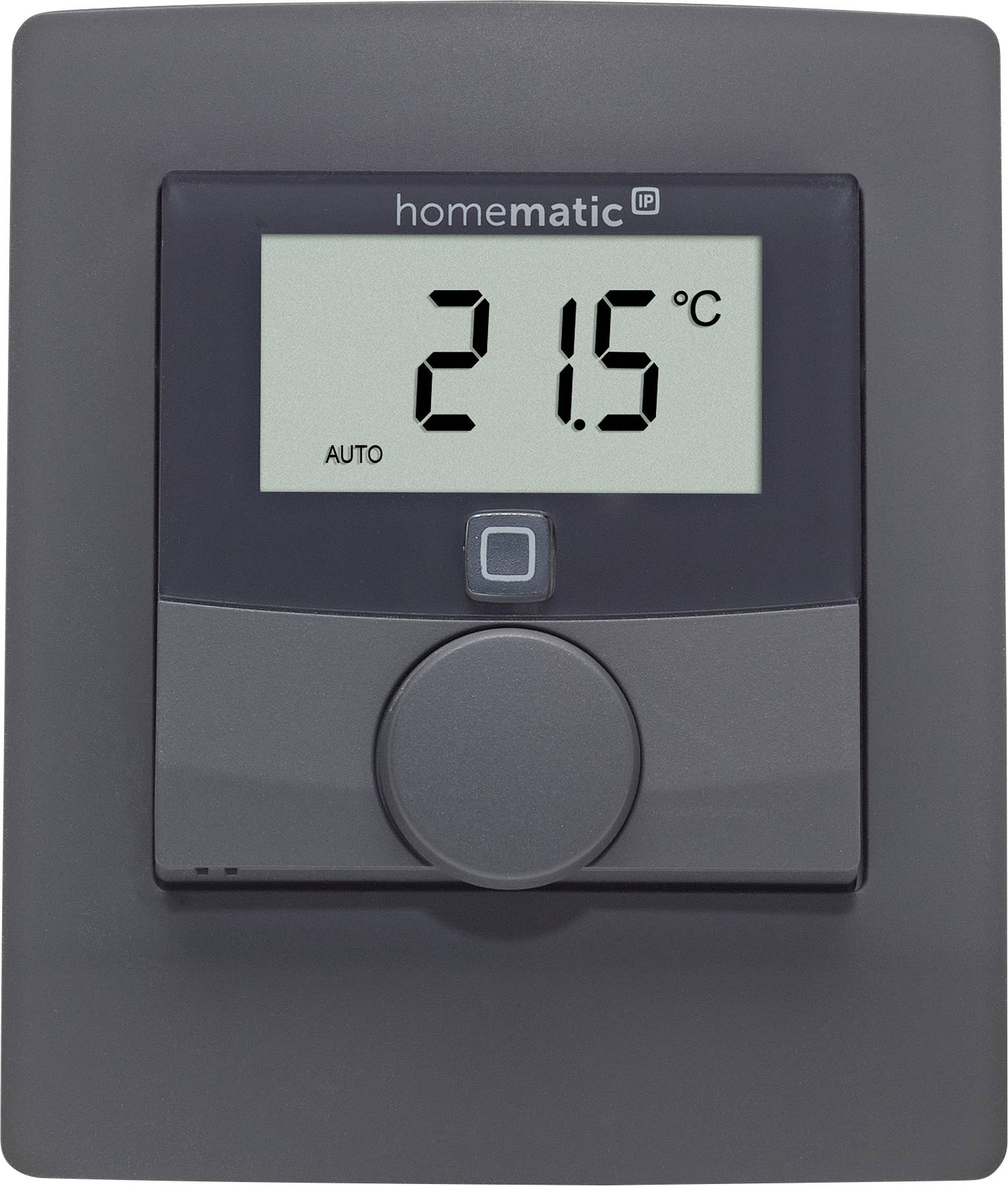A wall-mounted smart thermostat displaying '21.5°C AUTO'. It features a digital screen and a control knob below it, on a gray panel.