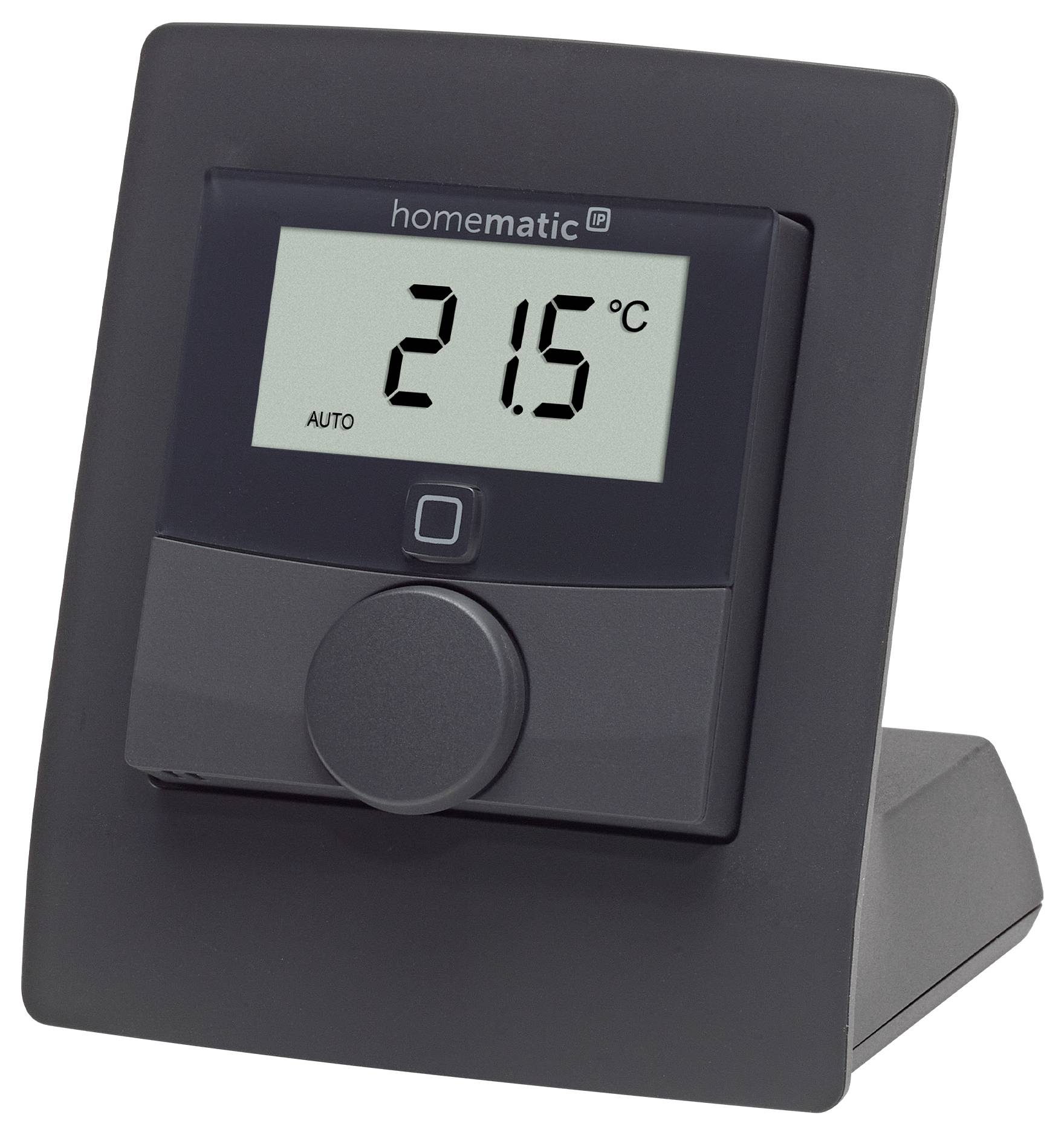 Digital thermostat displaying '21.5°C', with 'homematic' branding, set to 'AUTO' mode.