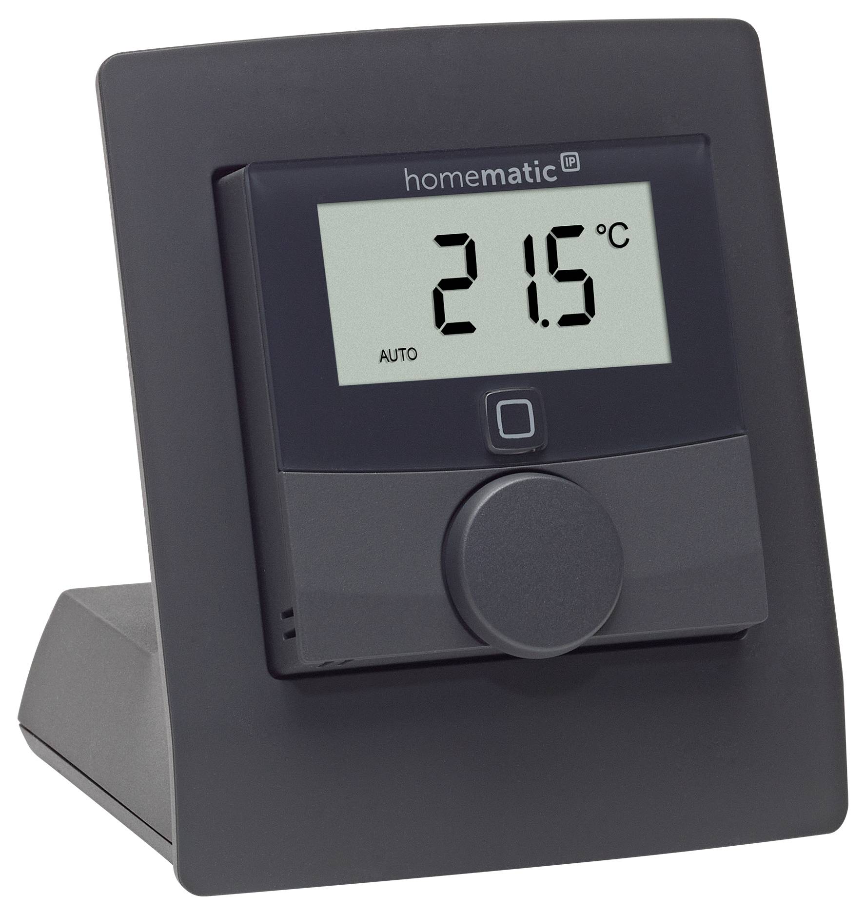 Thermostat display showing 21.5°C with an 'Auto' setting, mounted on a dark stand.
