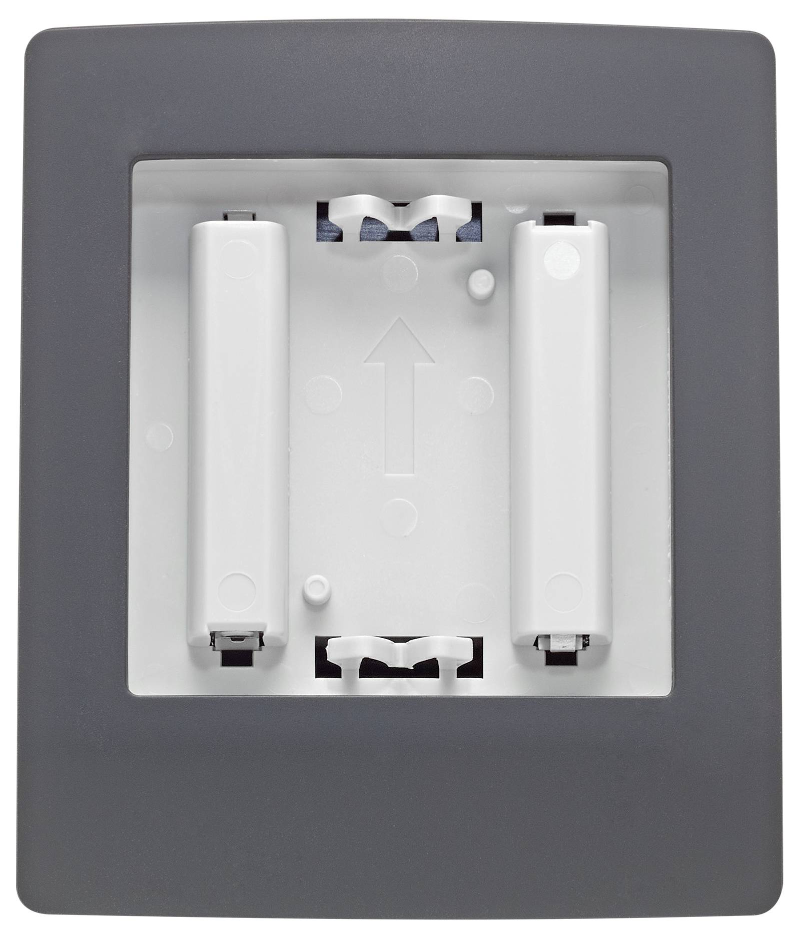 A close-up of a rectangular, dark-framed plastic mount for a double light switch, featuring an arrow indicating the installation direction.