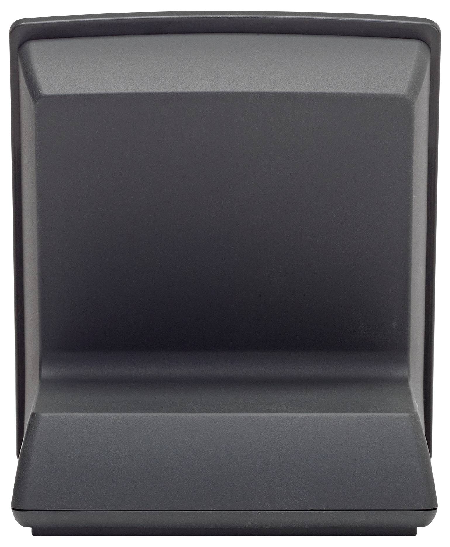 A black, upright plastic stand with a wide base, suitable for holding a small electronic device or gadget.