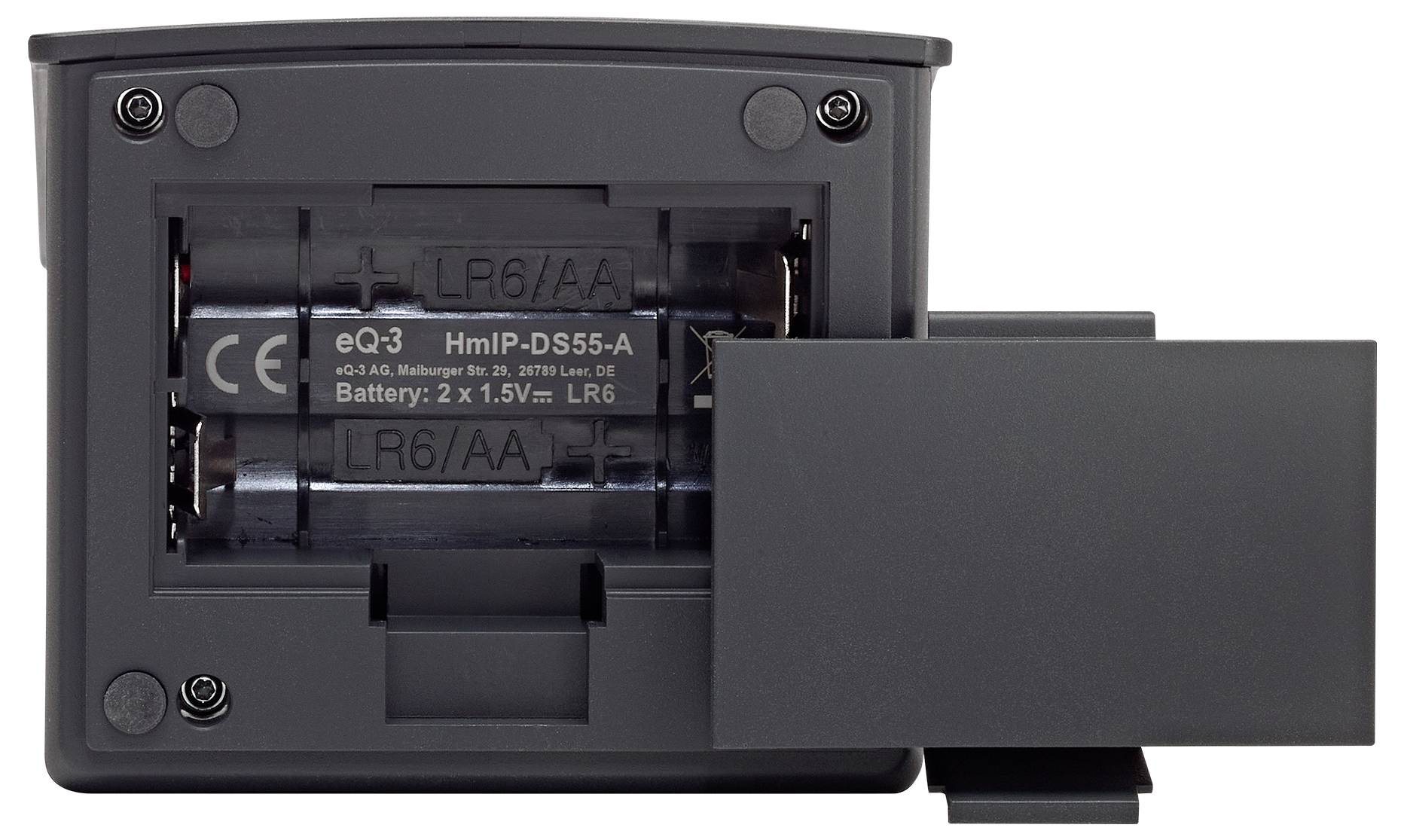 The image shows the back of a battery compartment cover labeled 'HmiP-DS55-A', requiring 2 AA batteries for operation.