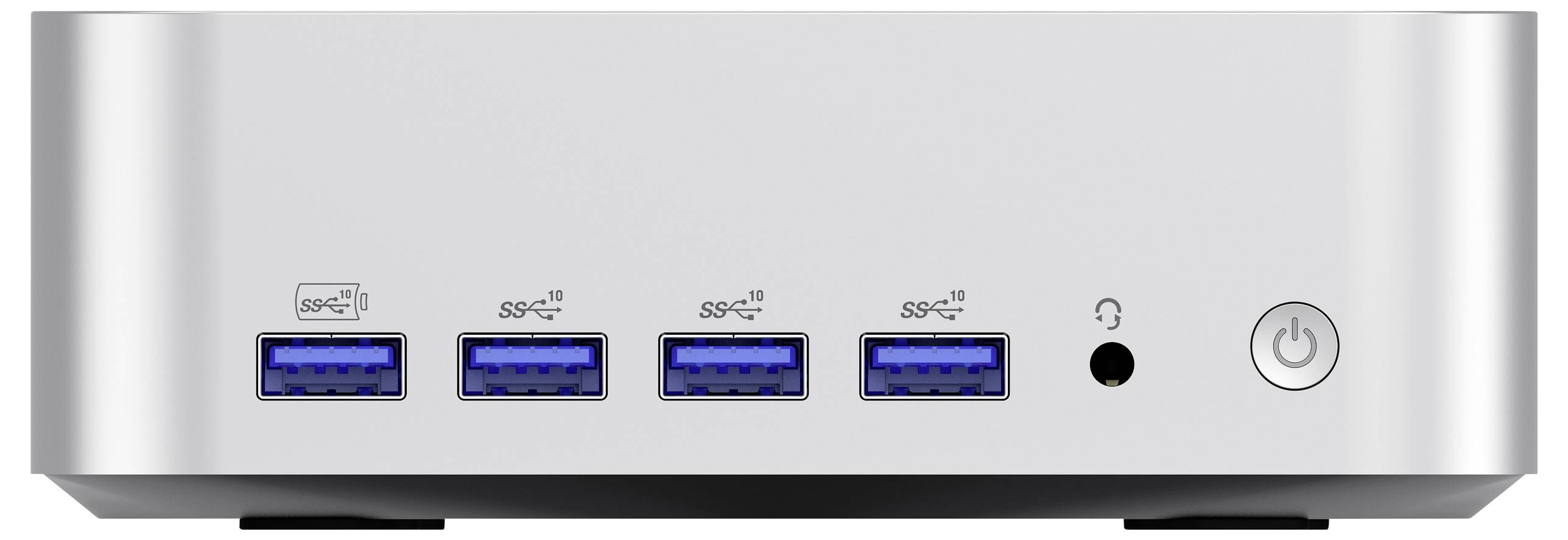 A compact gray and black computer unit with four USB ports, an audio jack, and a power button.