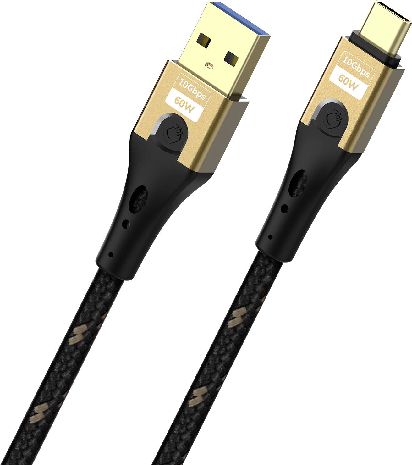 A braided USB cable with USB-A and USB-C connectors, labeled '10Gbps 60W', indicating high data transfer speed and power delivery.