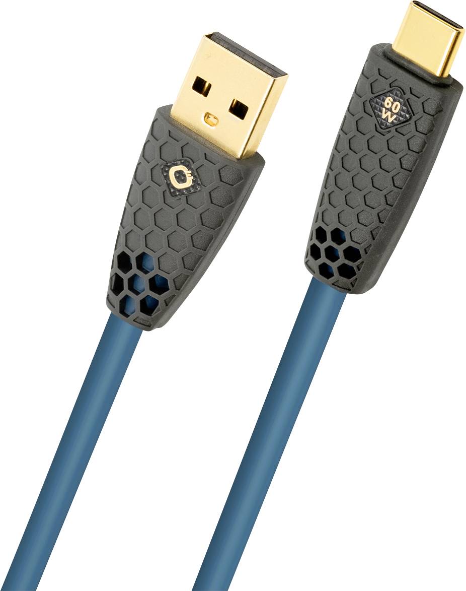 A braided cable with a gold-plated USB Type-A connector on one end and a gold-plated USB Type-C connector labeled '60W' on the other.