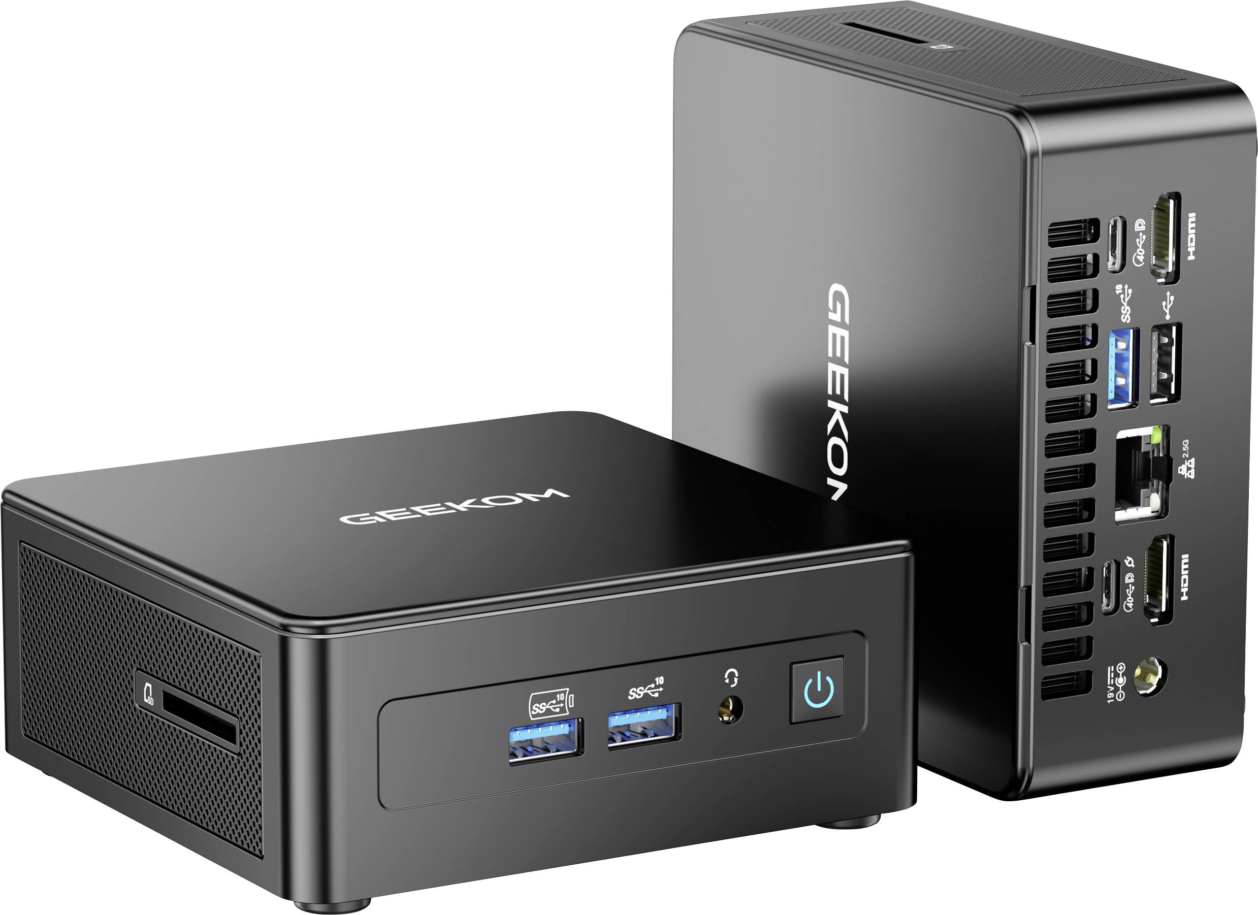 Two compact black computer units are shown. The front unit features USB ports and a power button. The rear unit displays multiple connectivity ports.