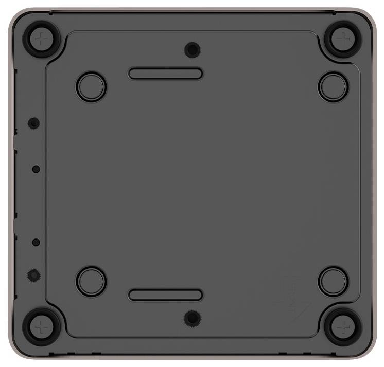 The image shows the underside of a square electronic device casing, featuring four corner screws and a central rectangular panel.