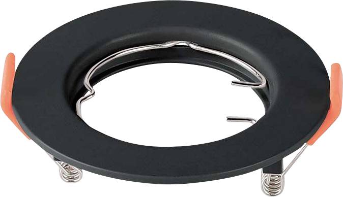 A black recessed downlight fitting with two orange clips and metal springs for installation.