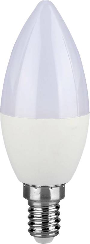 A LED light bulb with a candle shape, featuring a frosted top and metallic base, suitable for decorative and energy-efficient lighting.