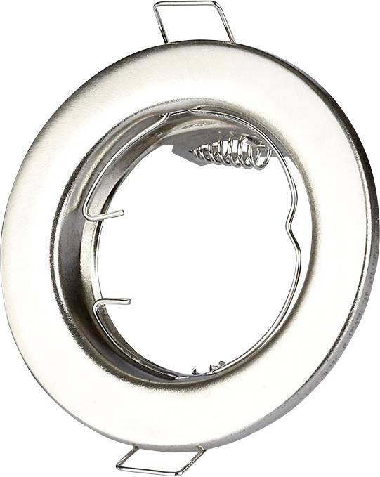 A circular, metallic light fixture adapter with a spring clip mechanism, used for mounting recessed ceiling lights.