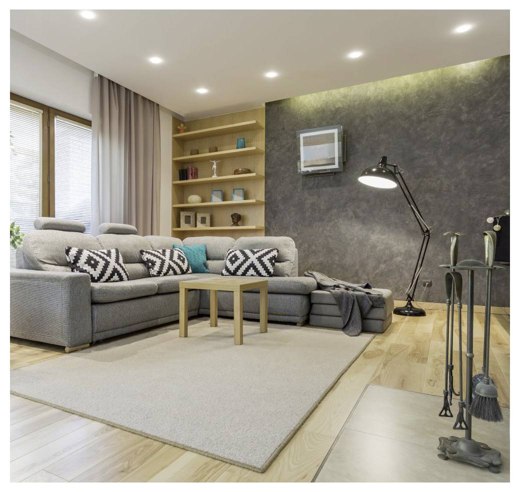A modern living room with a gray sofa, geometric pillows, a floor lamp, wooden shelves, and a light rug on wooden flooring.