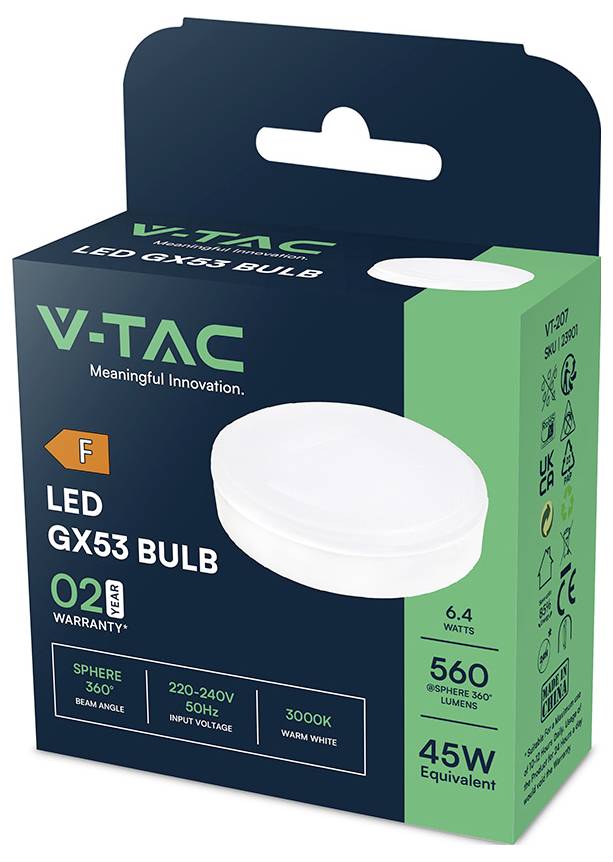 Box of V-TAC LED GX53 bulb, 6.4 watts with 560 lumens, warm white, 3000K, and 45-watt equivalent. Energy class F.