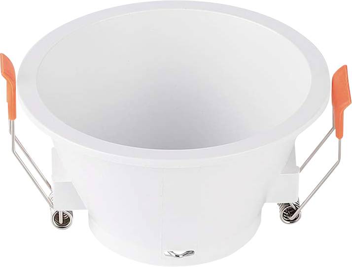 A white, round LED downlight with orange clips, suitable for ceiling installation.