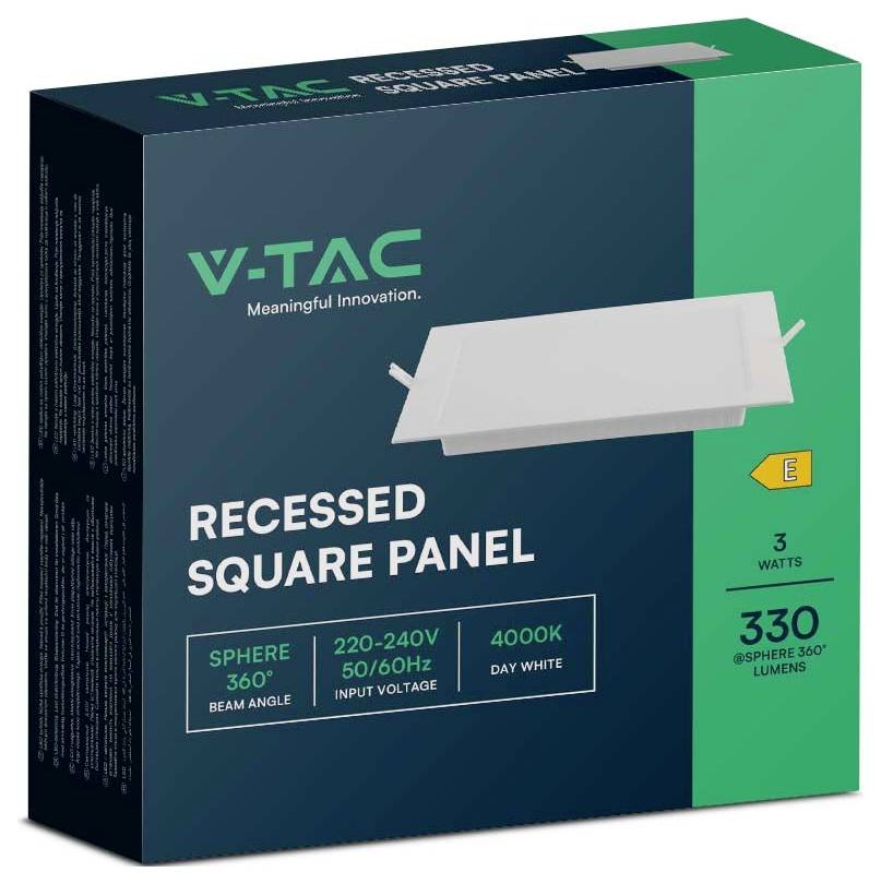 Package of a V-TAC recessed square LED panel with 3 watts, 330 lumens, 4000K day white, and 220-240V input voltage.
