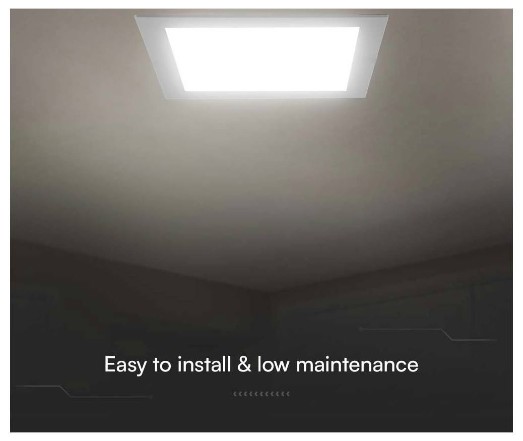 A ceiling-mounted, illuminated rectangular LED light panel with the text 'Easy to install & low maintenance' underneath.
