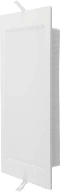 A rectangular, white HVAC vent cover with horizontal slats is shown. It has two latch levers on the top and bottom for easy installation.