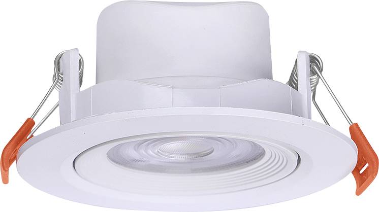 A close-up of a round LED recessed ceiling light with white trim and two metal spring clips for mounting, featuring a lens in the center.