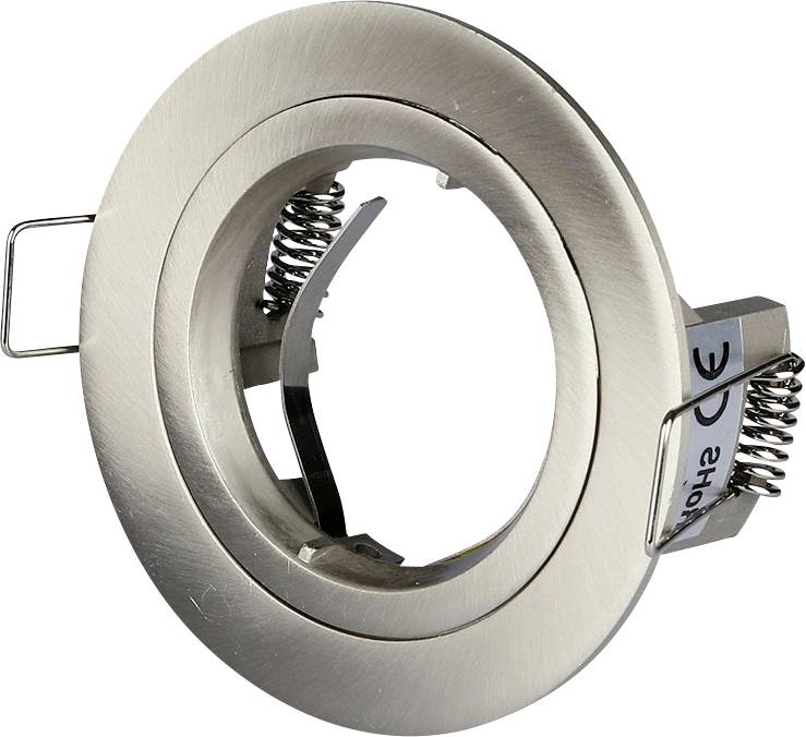 A round metal light fixture with a spring mechanism for mounting, designed for recessed installations.