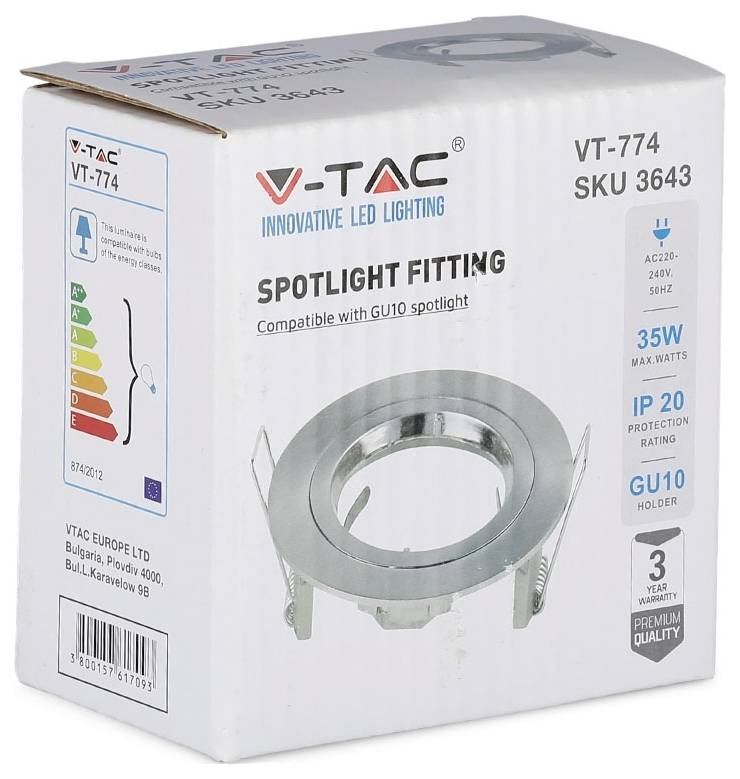 Box of V-TAC spotlight fitting for GU10 spotlights. Highlights include 35W power, IP20 protection, and a 3-year warranty.