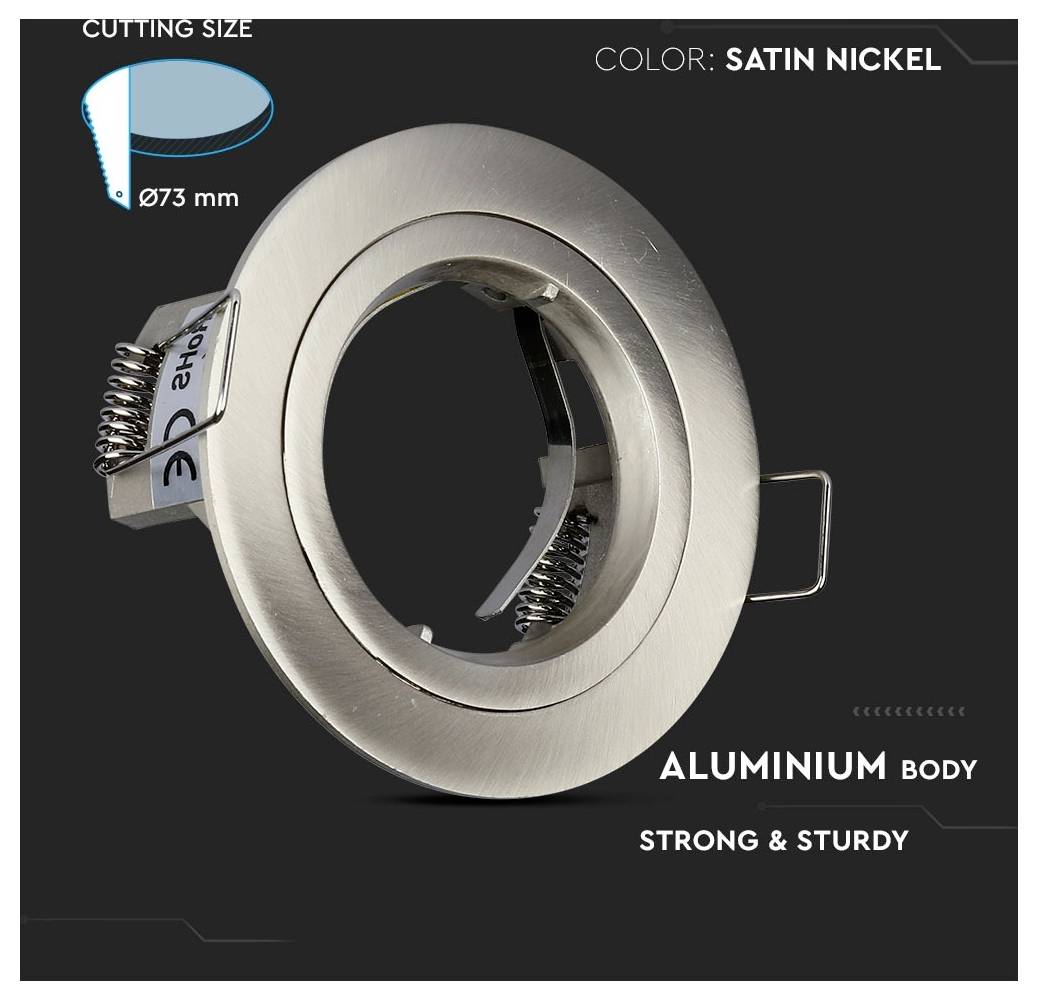 Aluminum body light fixture in satin nickel finish with cutting size of 73 mm, labeled 'Strong & Sturdy'.