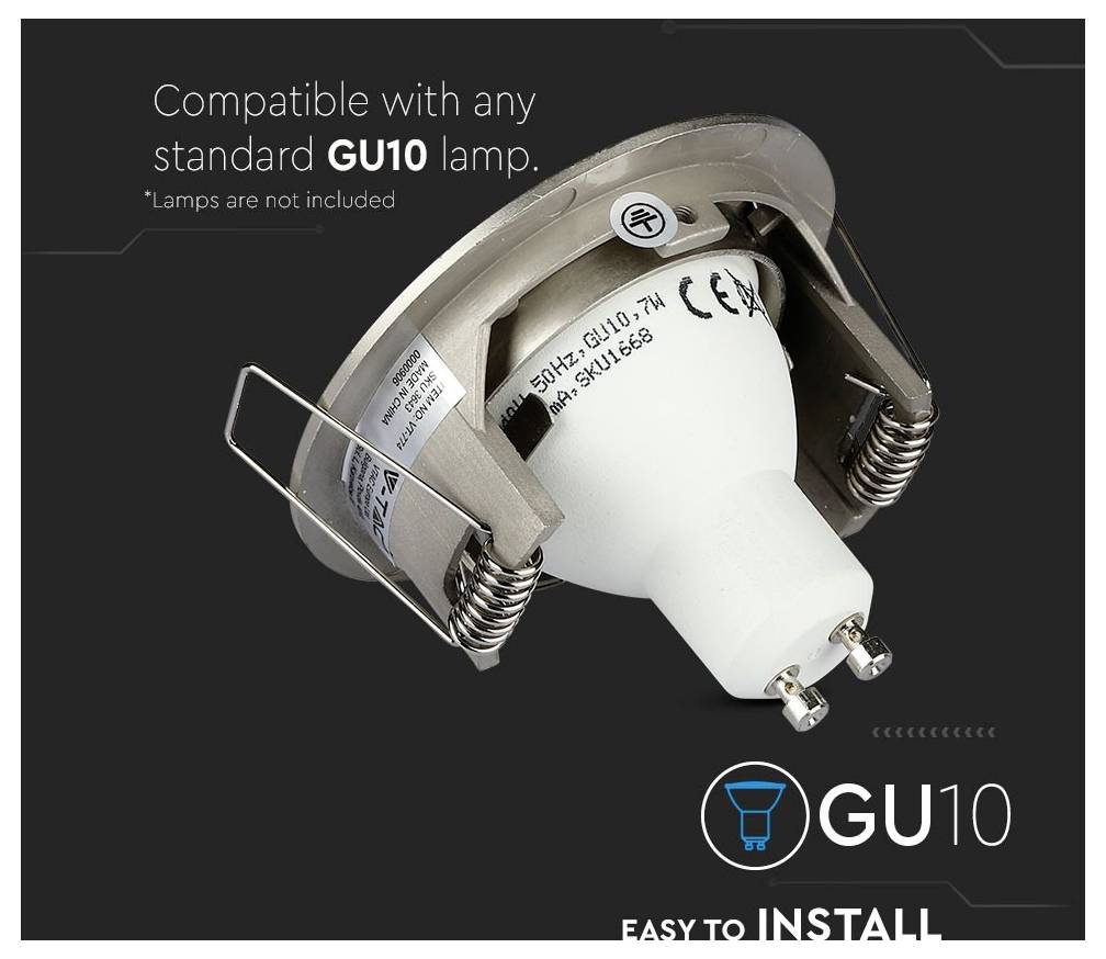 A light bulb fitting labeled 'GU10', showing compatibility with standard GU10 lamps. Text reads: 'Compatible with any standard GU10 lamp.'