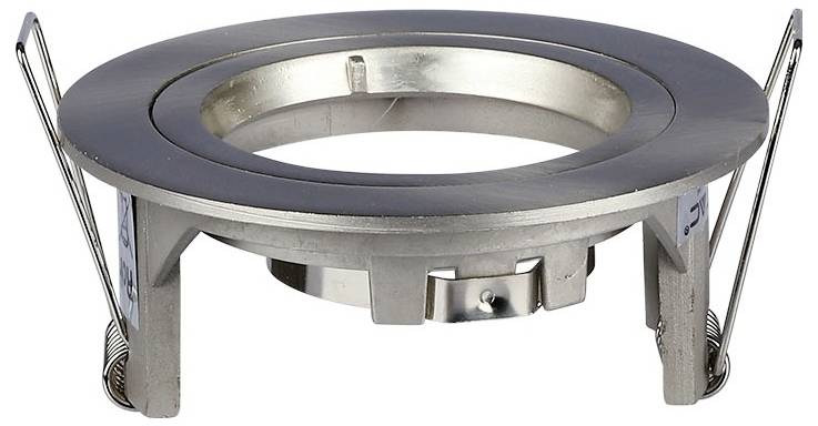Metal recessed lighting fixture bracket with spring clips, designed for ceiling installation, featuring a circular opening in the center.