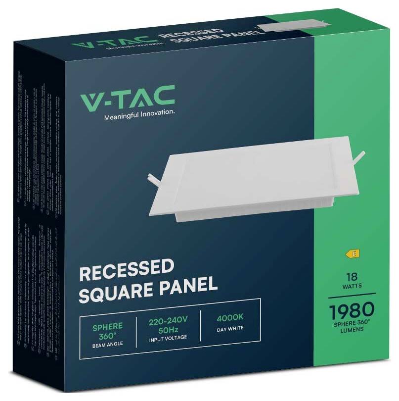 'V-TAC Recessed Square Panel' box with product image. Features: 360° beam angle, 18 watts, 1980 lumens, 220-240V, 4000K day white.