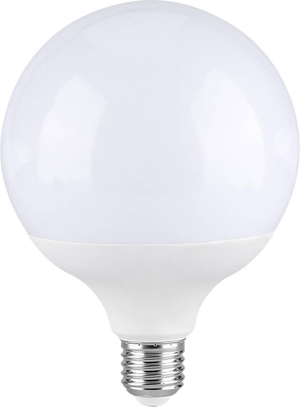 A white LED light bulb with a round, globe-shaped design and a standard screw base. Suitable for modern lighting fixtures.