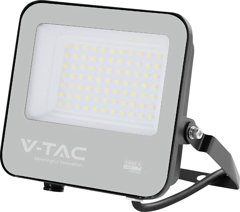 LED floodlight with 'V-TAC' branding, featuring numerous small LED bulbs behind a clear panel, mounted on an adjustable bracket.