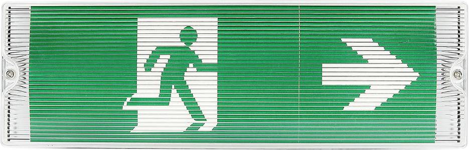 Exit sign with an icon of a person running through a door and a right-pointing arrow, indicating the direction to the nearest exit.
