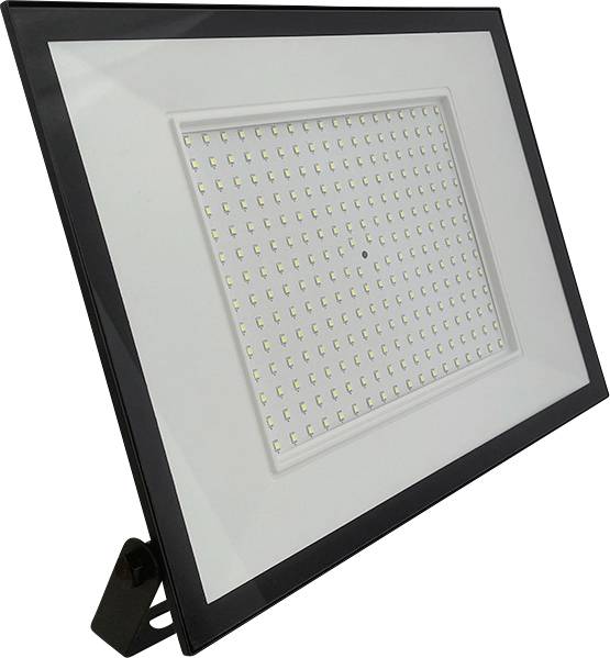 A rectangular LED floodlight with multiple small LED bulbs, surrounded by a black frame, supported by a tiltable stand.