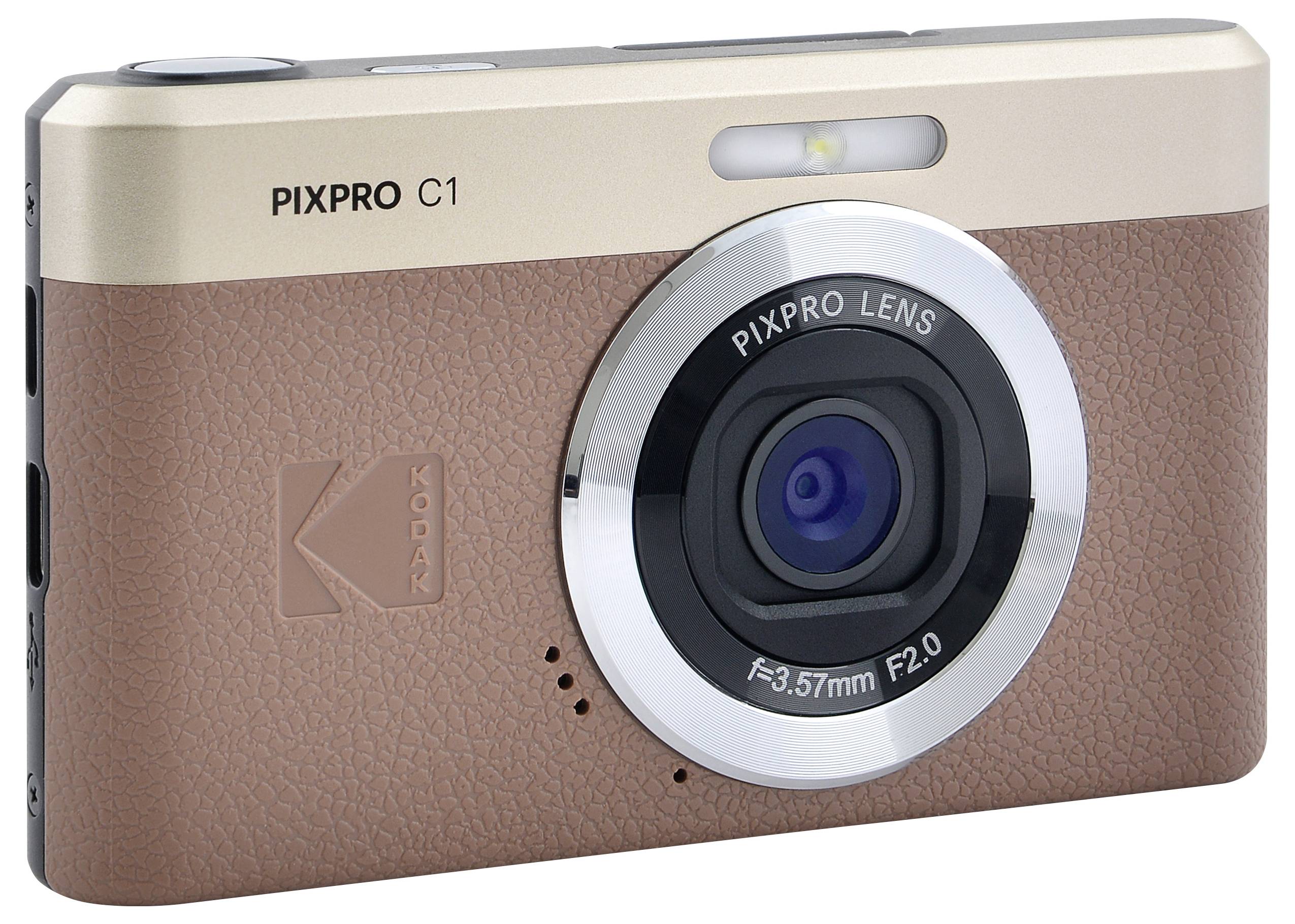 A Kodak PIXPRO C1 compact camera with a brown and beige body, featuring a 3.57mm F2.0 lens, ideal for casual photography.