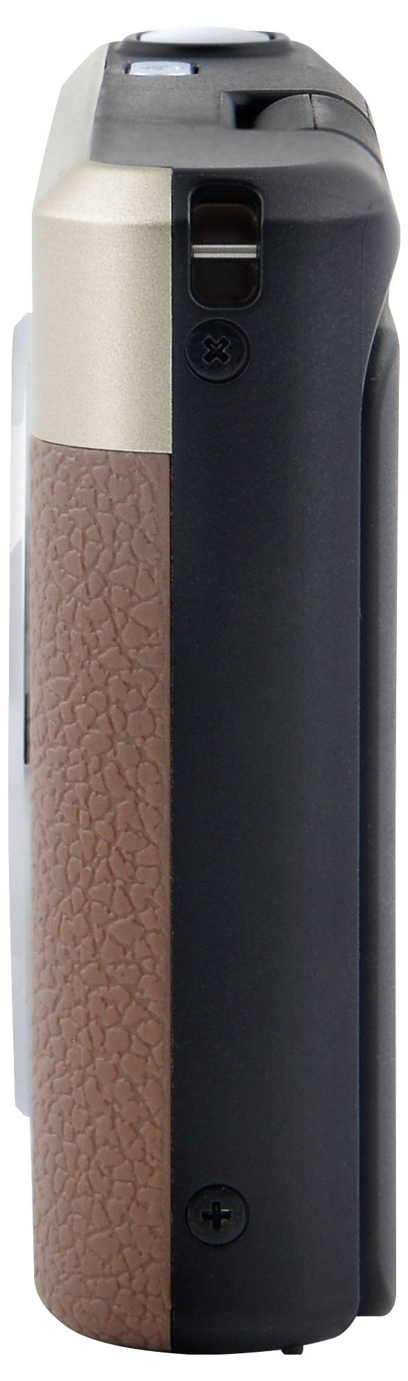 Side view of a styled compact digital camera with leather-textured brown grip, black and metallic accents, and visible control button.