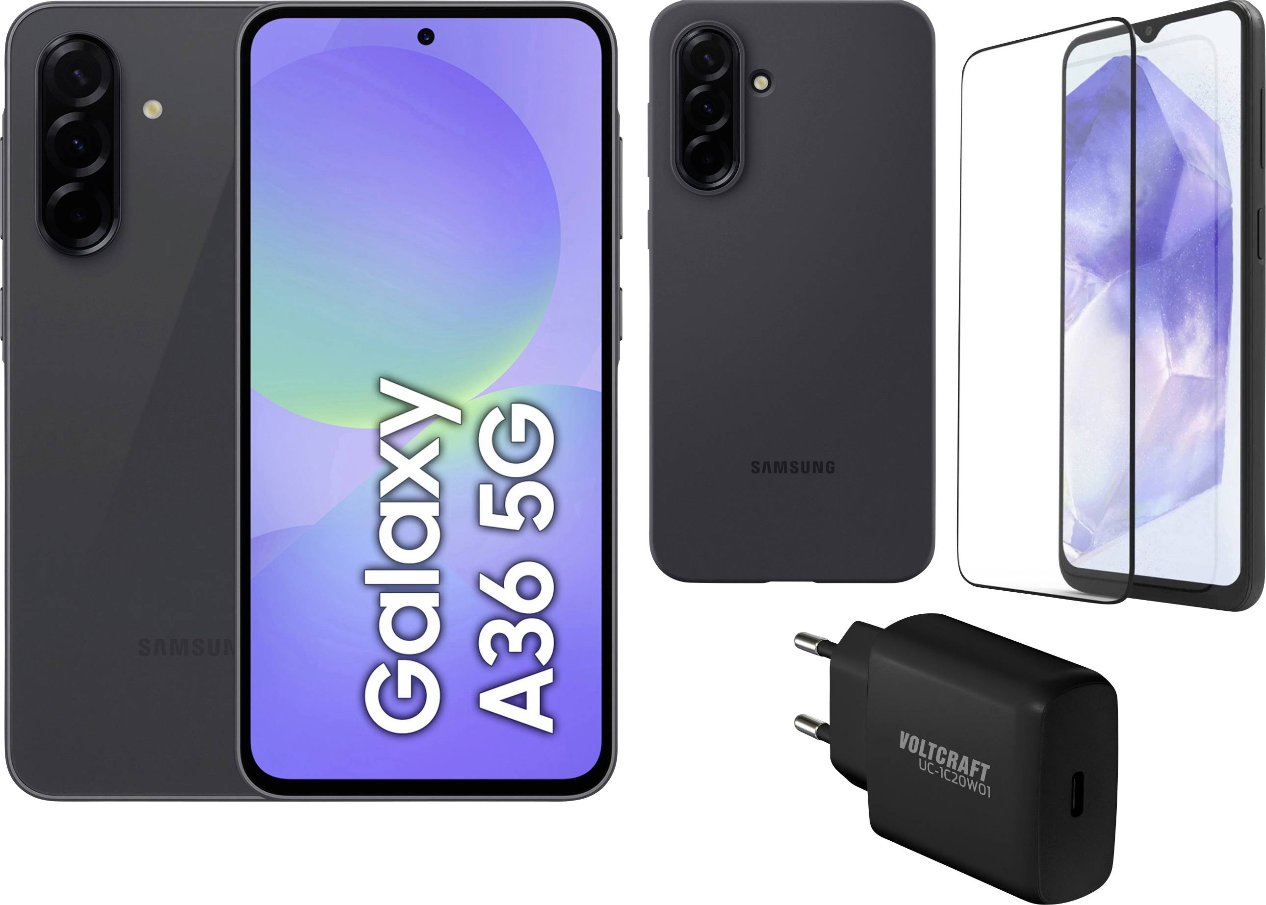 Front and back view of a Galaxy A36 5G smartphone displayed with screen protectors and a Voltcraft charger.
