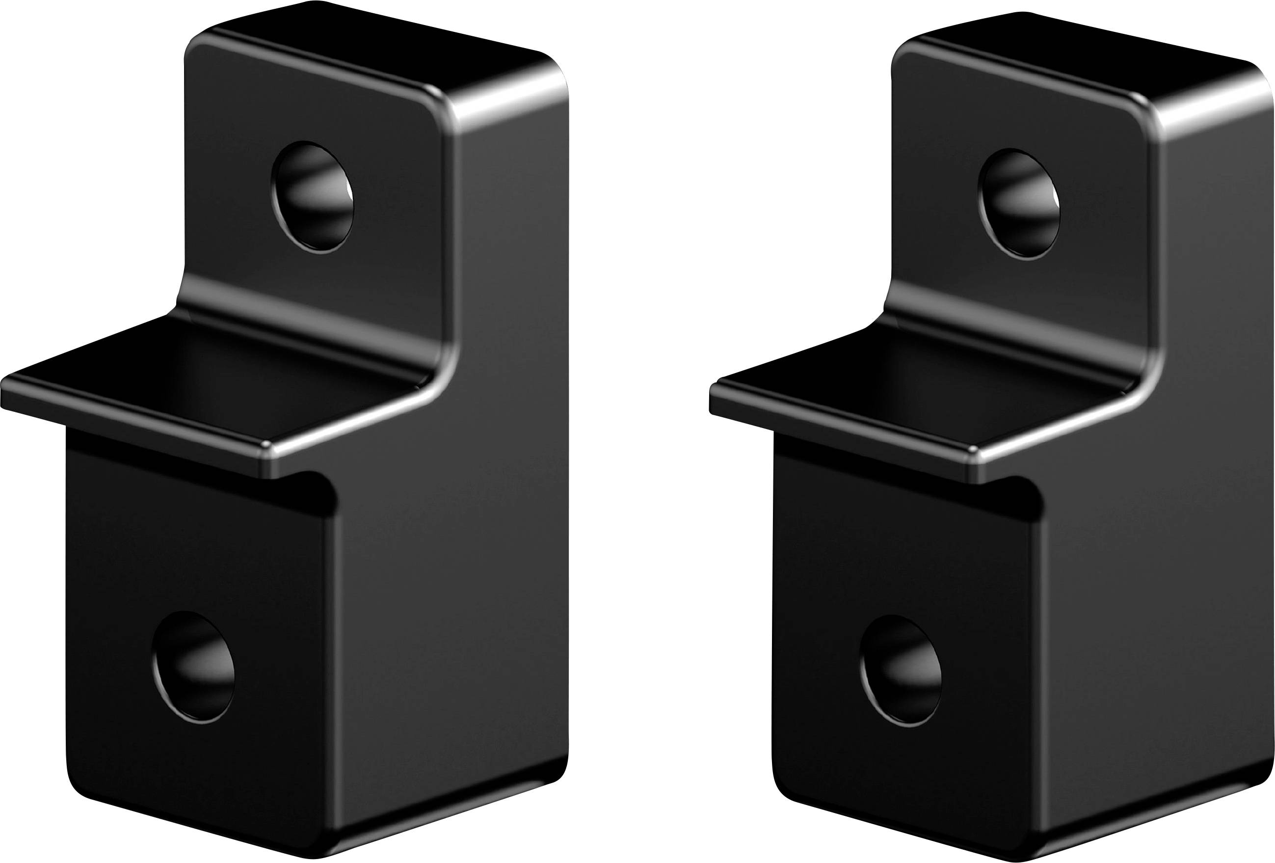Two black metal brackets, each with two holes. Used for mounting or support.