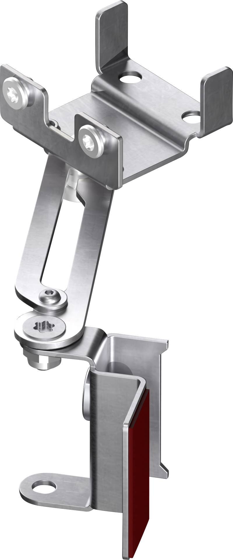 Interior hinge mechanism showing multiple interlocking metal parts with screws and a red accent piece.